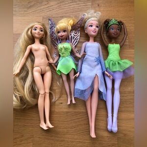 Lot of 4 Disney dolls - Tinkerbell Elsa Cinderella Tiana Rapunzel - AS IS